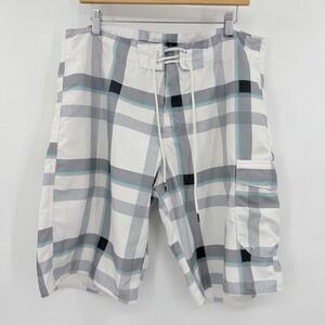 Free World Mens Plaid Board Shorts White Grey Teal Cargo Pocket Swim Trunks‎ 36